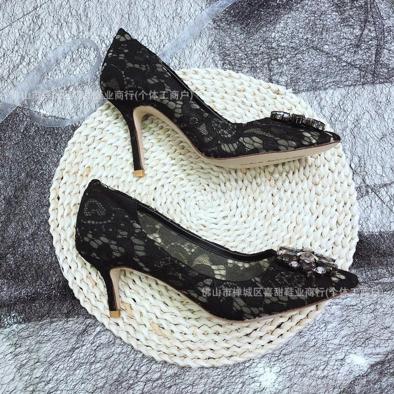 Lace Embroidered Stiletto Heels in Gray with Crystal Buckle - 29