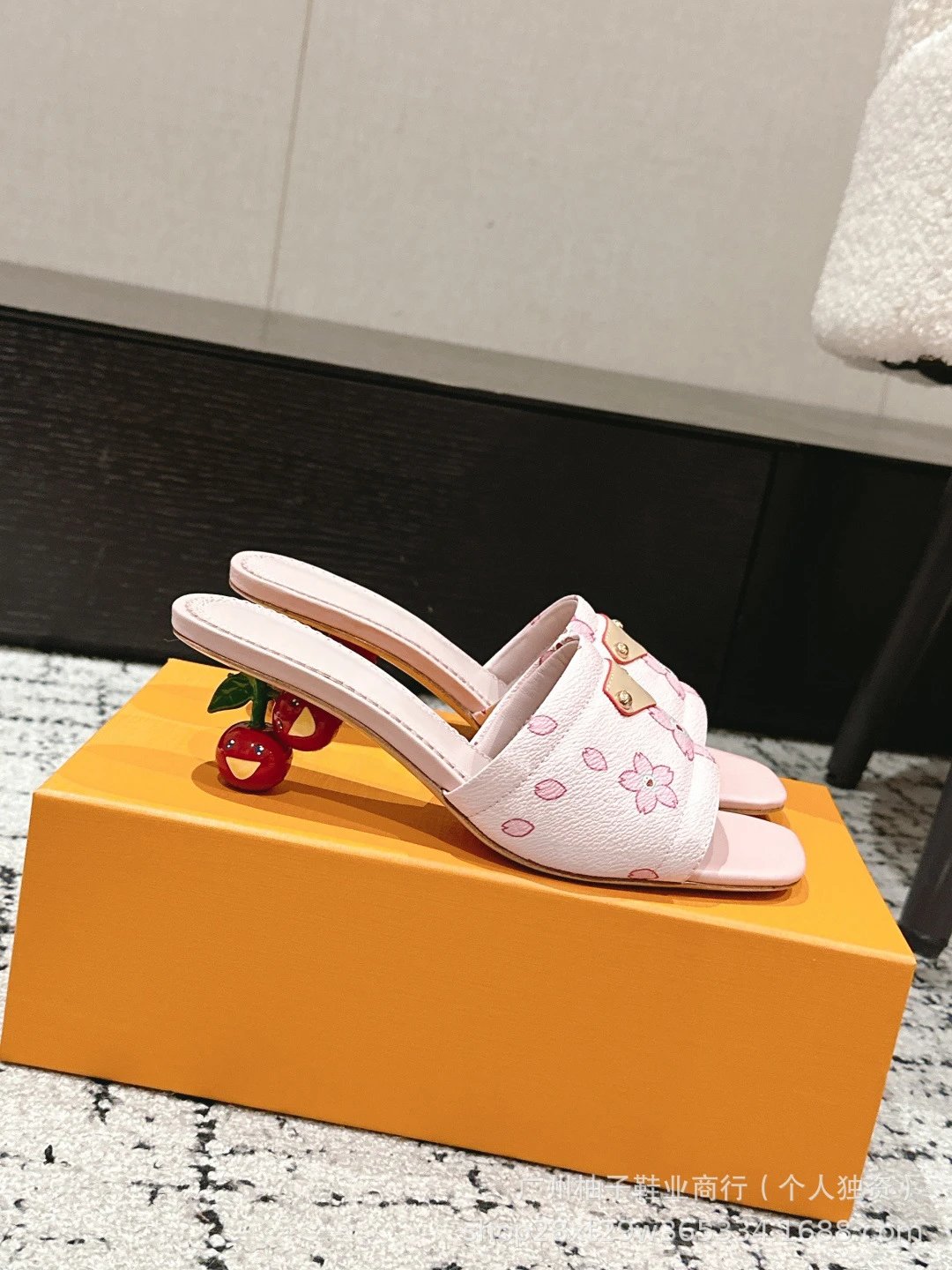 Cherry Blossom Print Mule Sandals with Fruit Heel Pink Slippers - 4