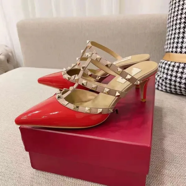 Valentino Rockstud Strappy Mule Red Patent Leather Heels - 1
