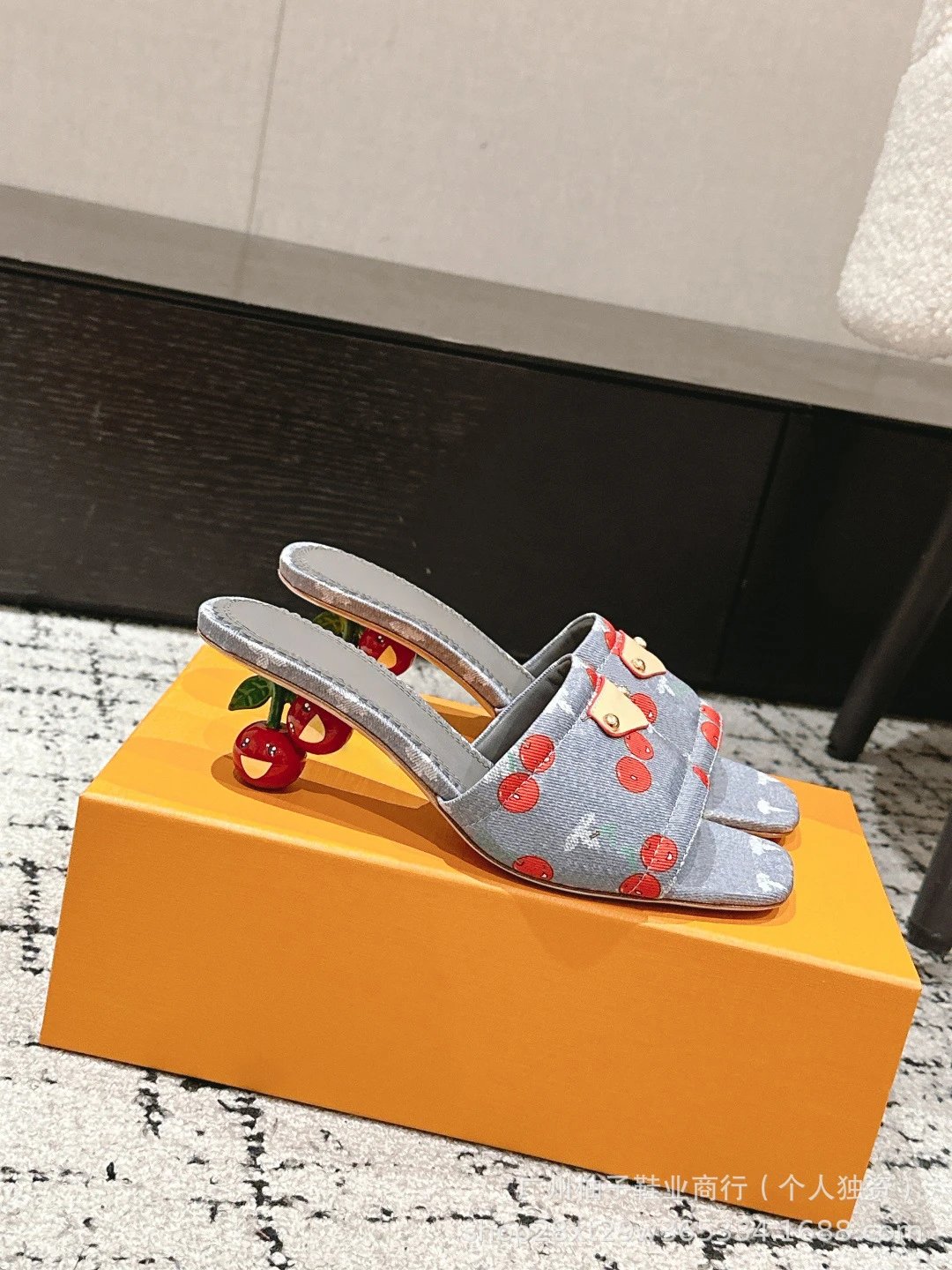Cherry Blossom Print Mule Sandals with Fruit Heel Pink Slippers - 18