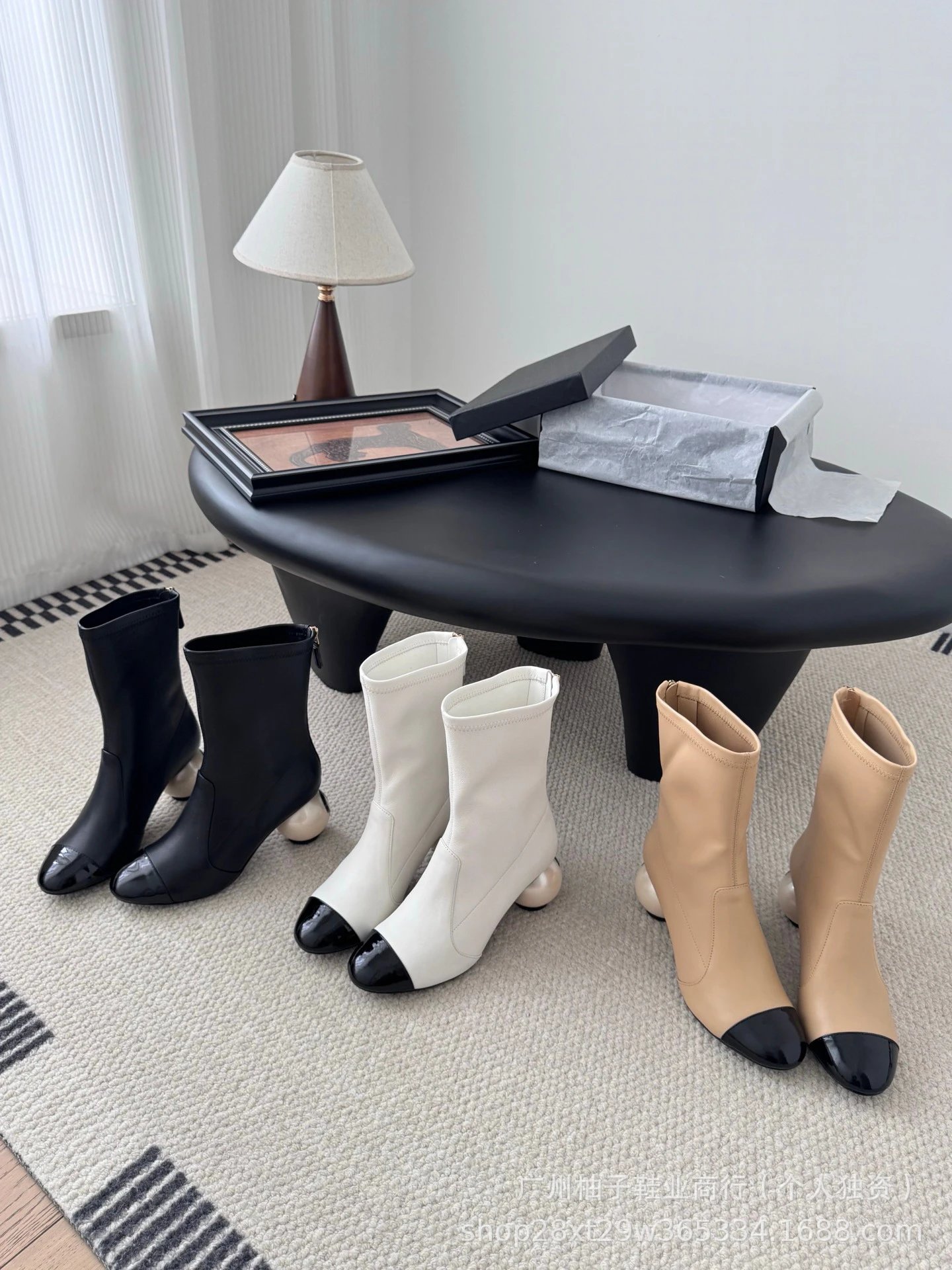 Chanel-Inspired Pearl Heel Ankle Boots White with Black Cap Toe - 2
