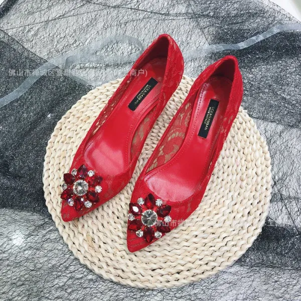Red Lace Pointed-Toe Flats with Crystal Embellishment Heels - 1