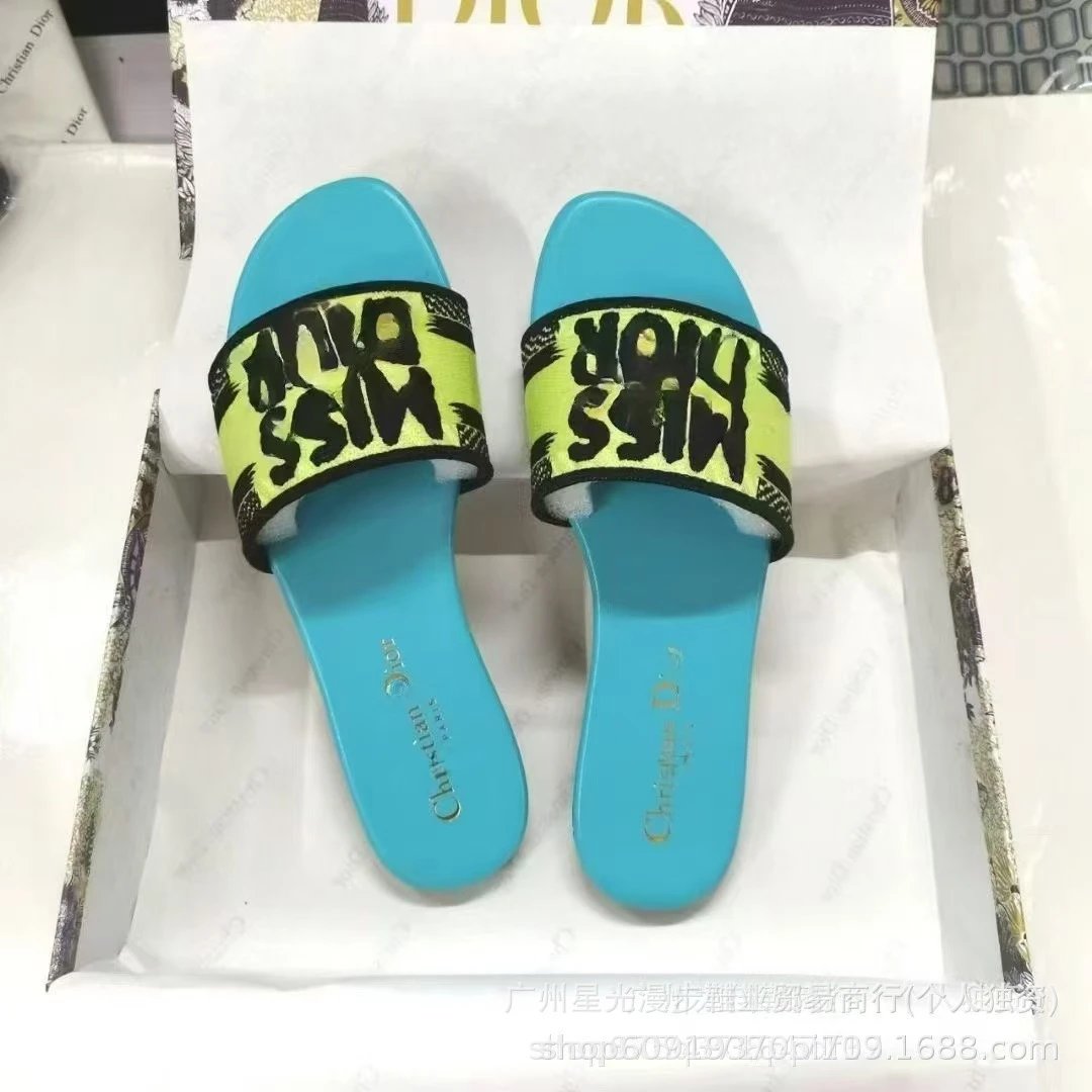 Dior Miss Dior Slide Sandals Turquoise and Neon Yellow