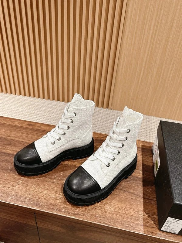 Chanel Tweed Lace-Up Combat Boots Navy - 12