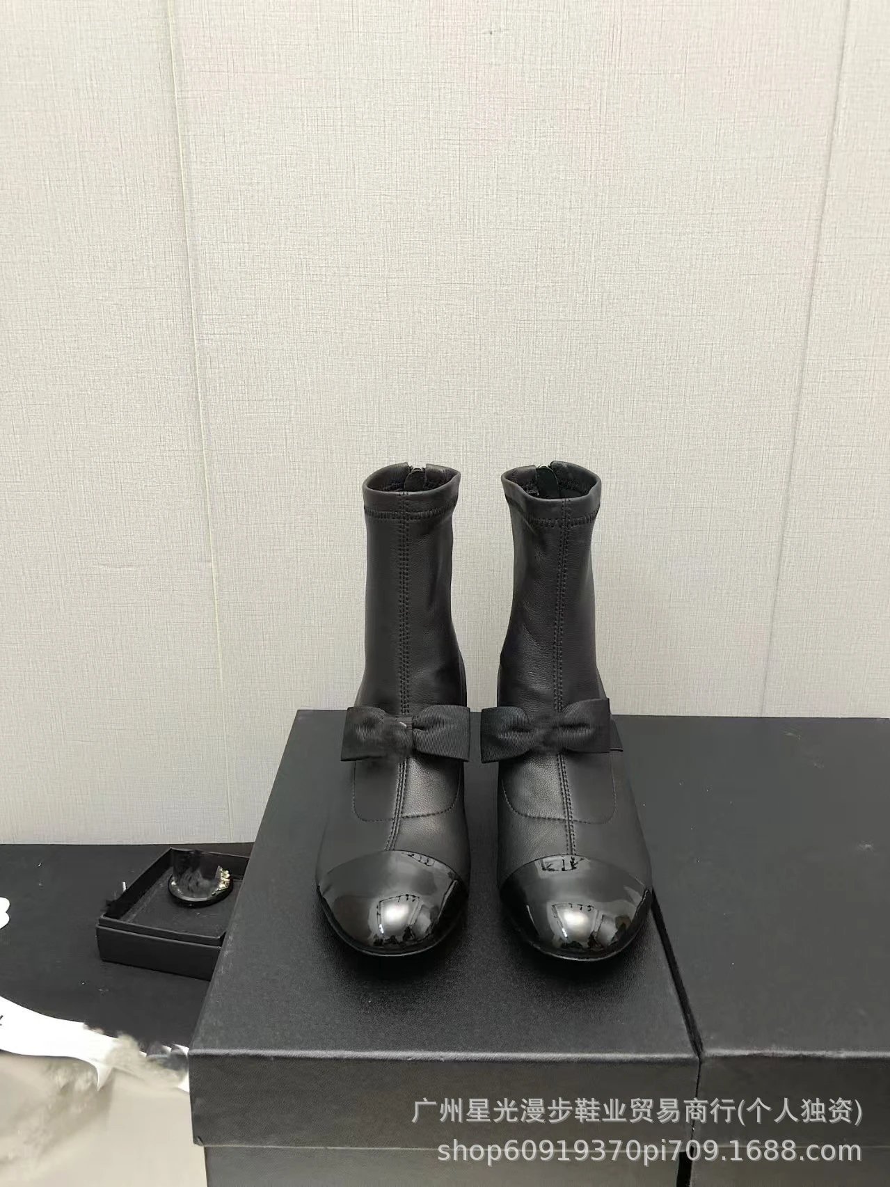 Chanel Ballerina Ankle Boots Black Patent Cap-Toe with Bow Detail