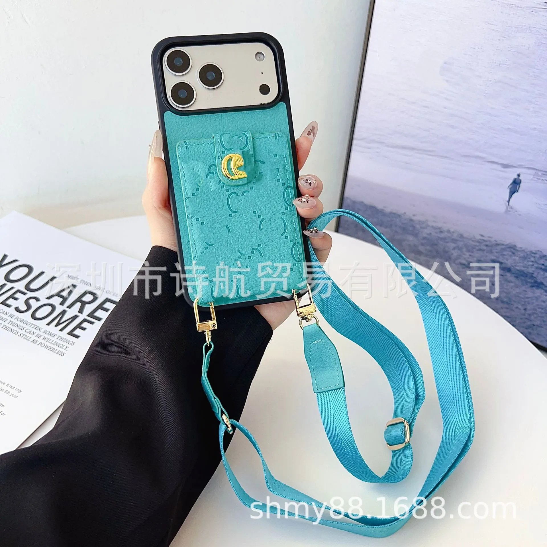 Gucci-inspired Phone Case with Card Holder and Strap in Pink - 6