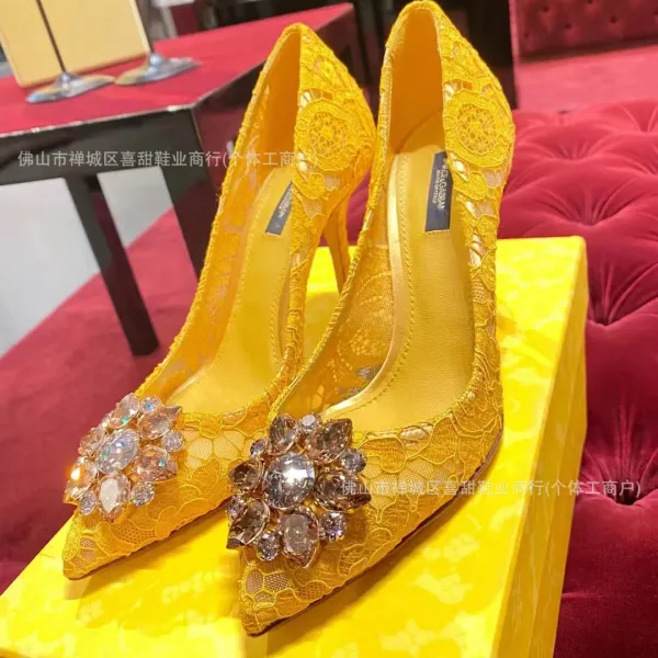 Dolce & Gabbana Lace Stiletto Heels Yellow with Crystal Embellishment - 1