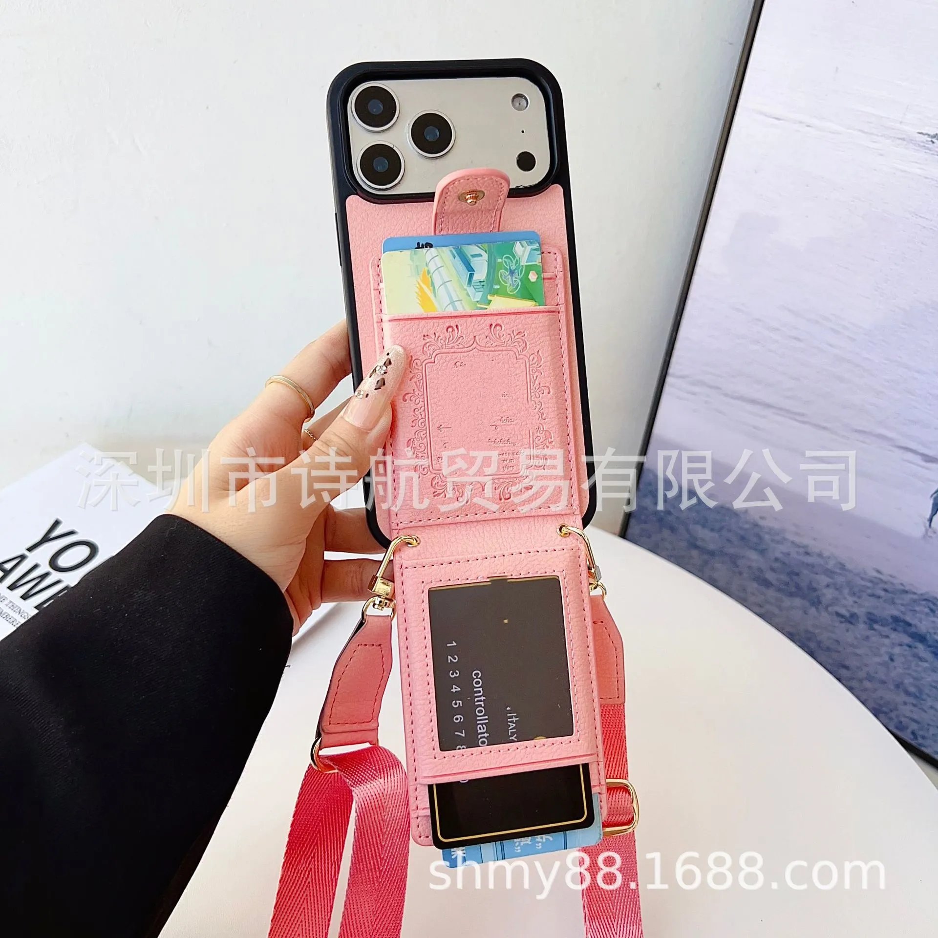 Gucci-inspired Phone Case with Card Holder and Strap in Pink - 9