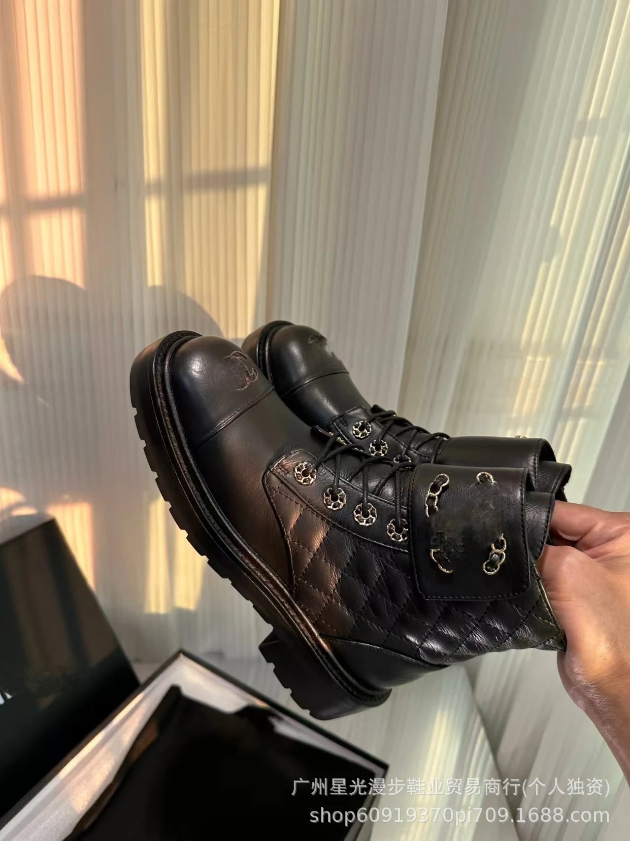 Chanel Combat Boots Black Leather Platform Lace-Up Boots - 4