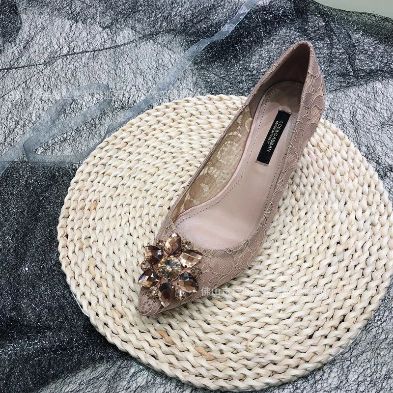 Lace Embroidered Stiletto Heels in Gray with Crystal Buckle - 33