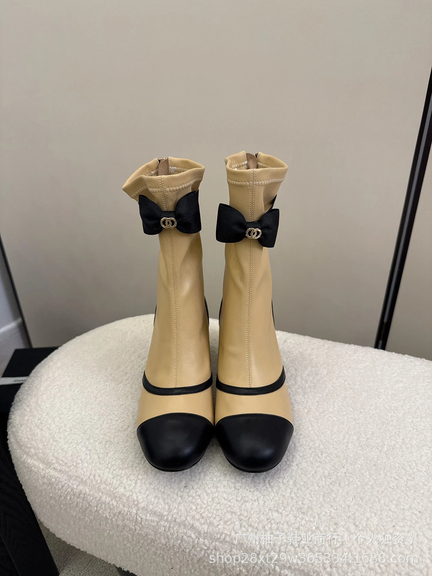 Chanel-inspired Bow Detail Beige and Black Cap-Toe Ankle Boots - 7