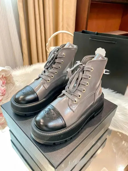 Chanel Combat Boots Gray and Black Leather Platform Boots - 1