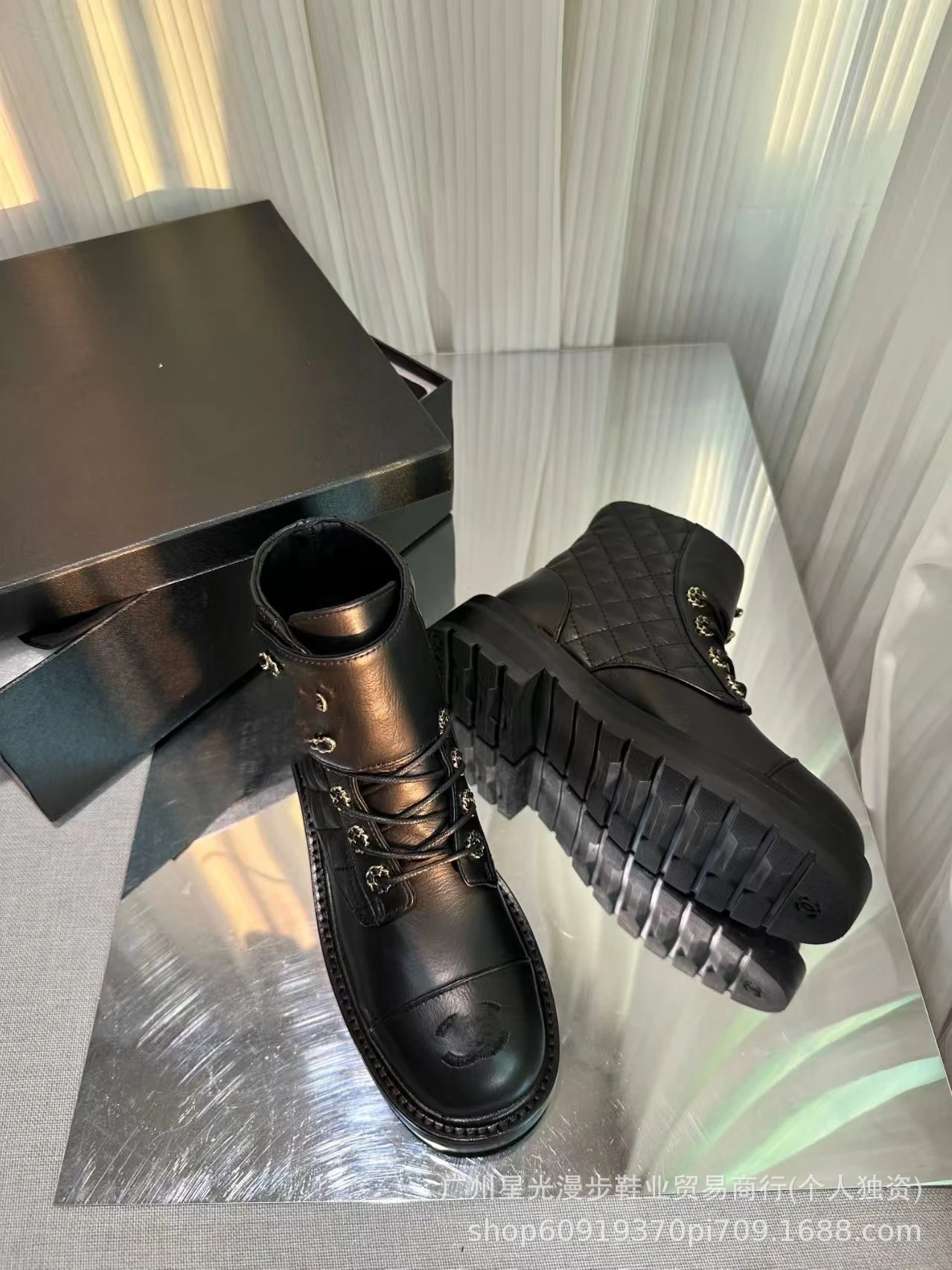 Chanel Combat Boots Black Leather Platform Lace-Up Boots - 7