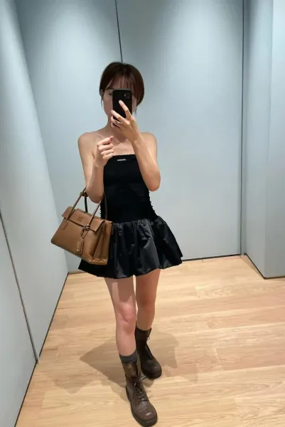 Miu Miu Smocked Satin Mini Dress Black - 7
