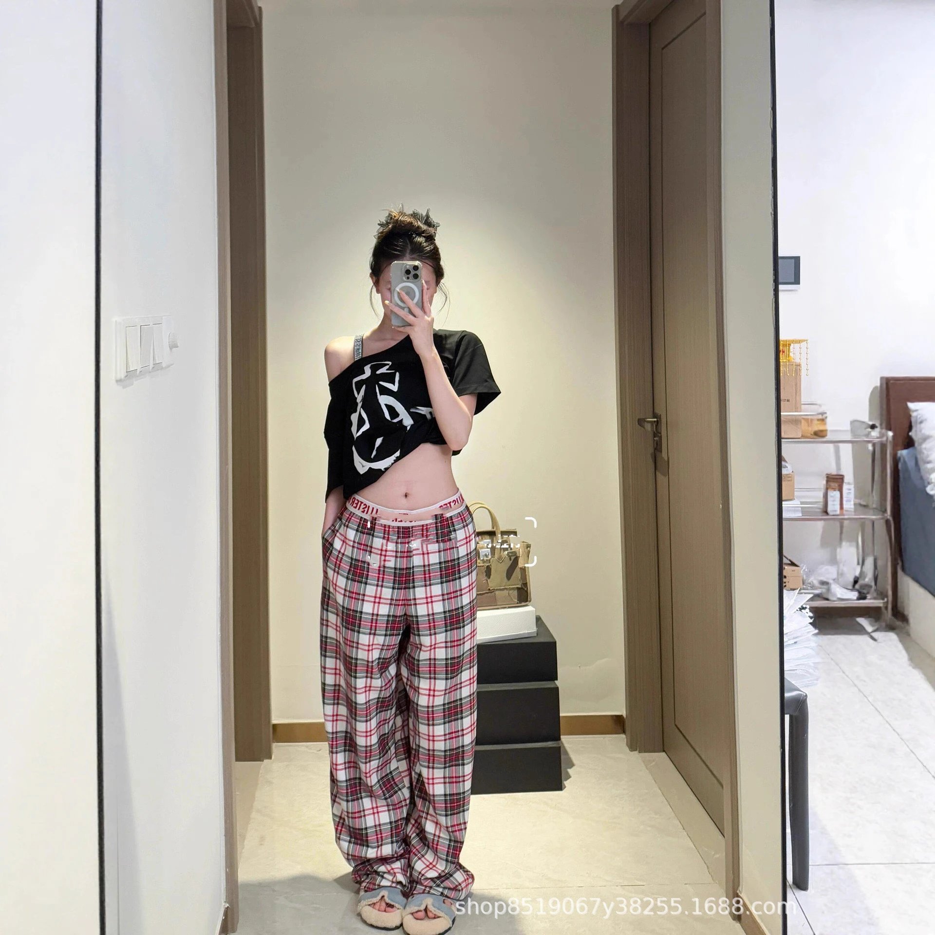 Unbranded Trousers Plaid wide-leg with elastic logo waistband image 1