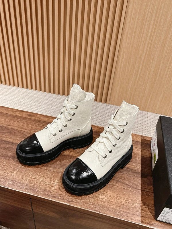 Chanel Tweed Lace-Up Combat Boots Navy - 7