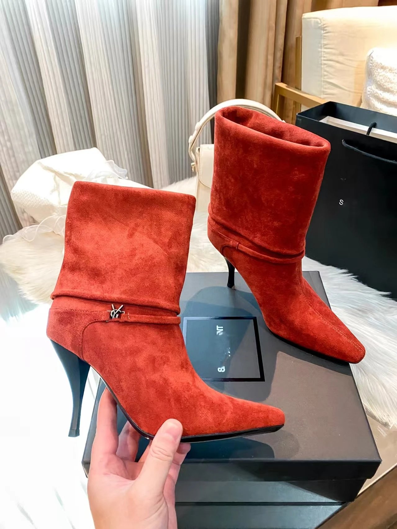 Saint Laurent Boots Pointed-Toe Slouch Stiletto — Red, 9 cm Heel