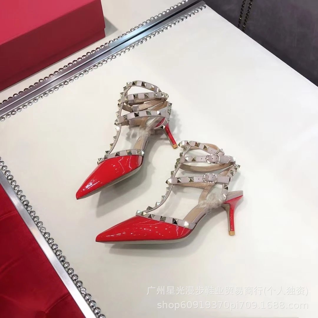 Valentino Rockstud Strappy Pointed-Toe Stilettos Red