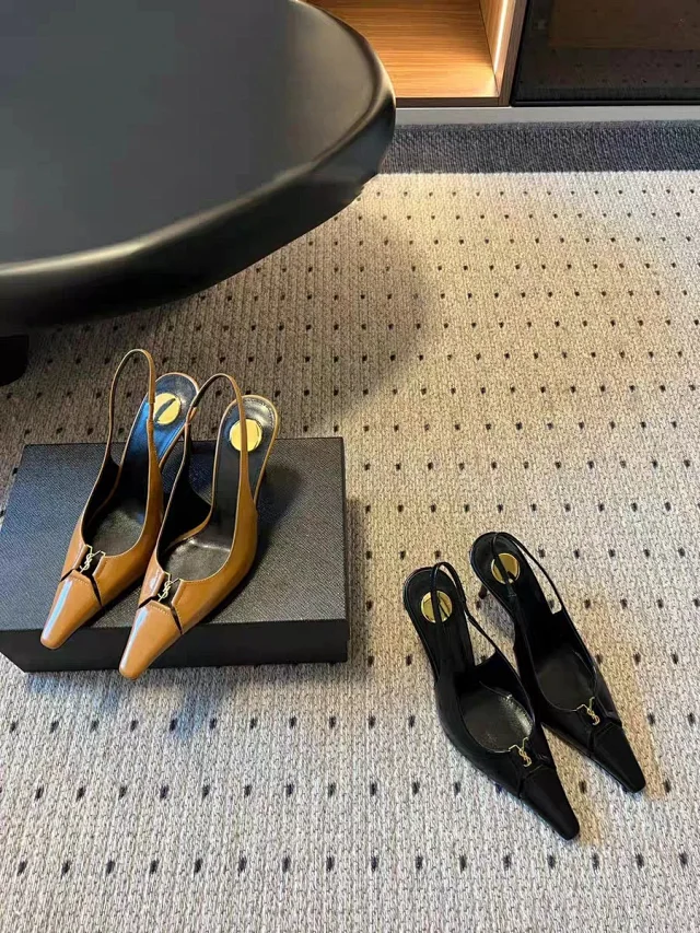 Saint Laurent High Heels Pointed-Toe Slingback with Gold YSL Logo product detail image 3