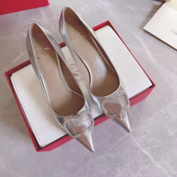 Dior J'Adior Silver Metallic Pointed-Toe Pumps with Crystal Buckle - 1