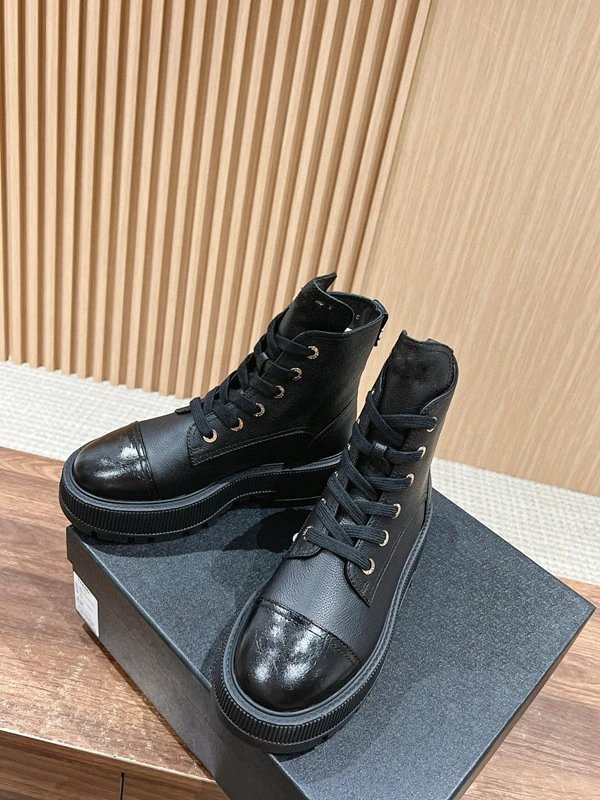 Chanel Tweed Lace-Up Combat Boots Navy - 6