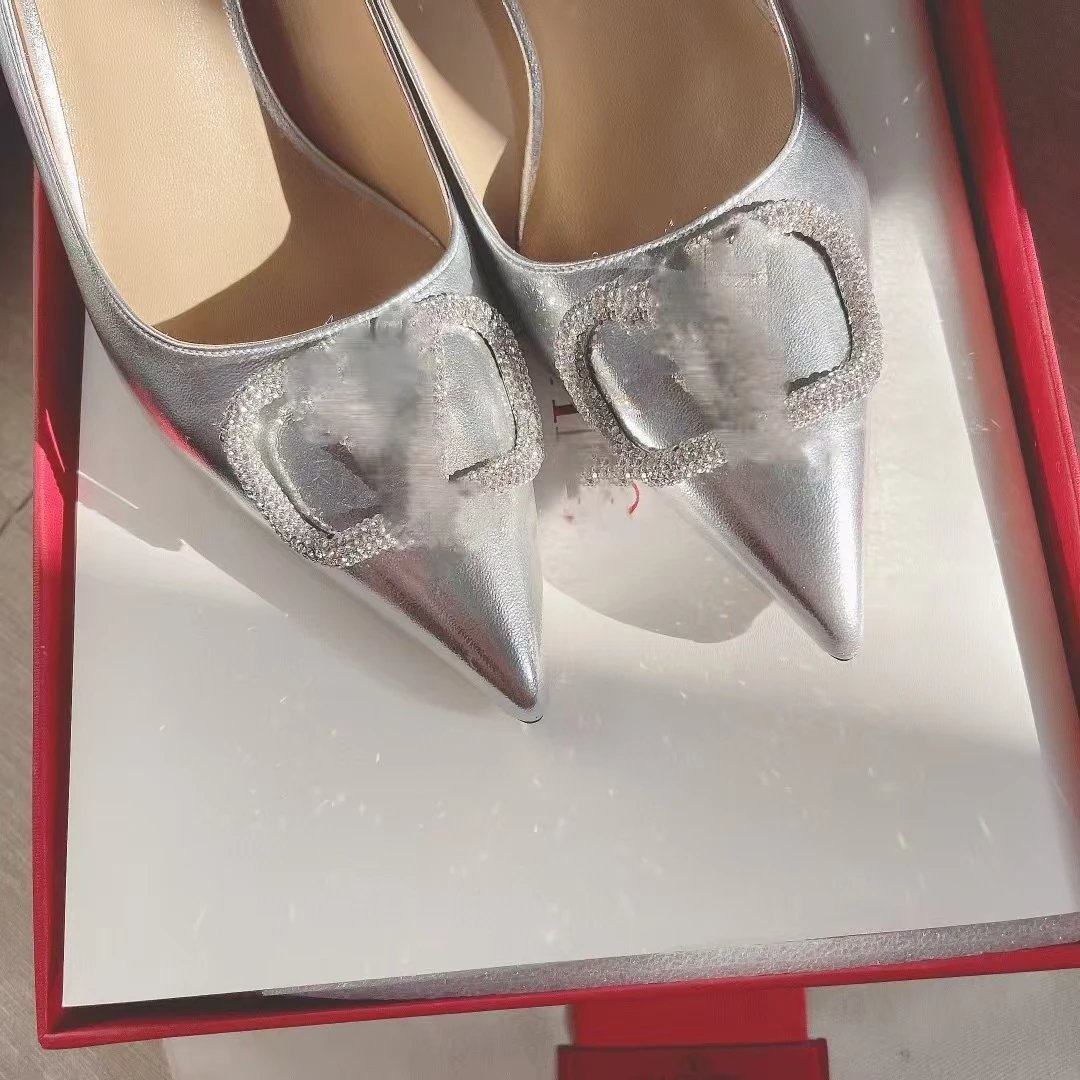 Dior J'Adior Silver Metallic Pointed-Toe Pumps with Crystal Buckle - 22