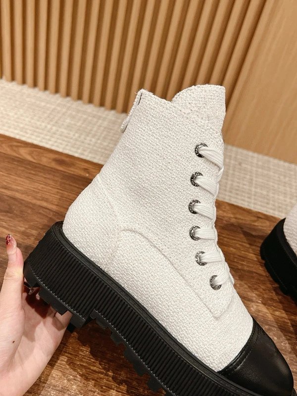 Chanel Tweed Lace-Up Combat Boots Navy - 13