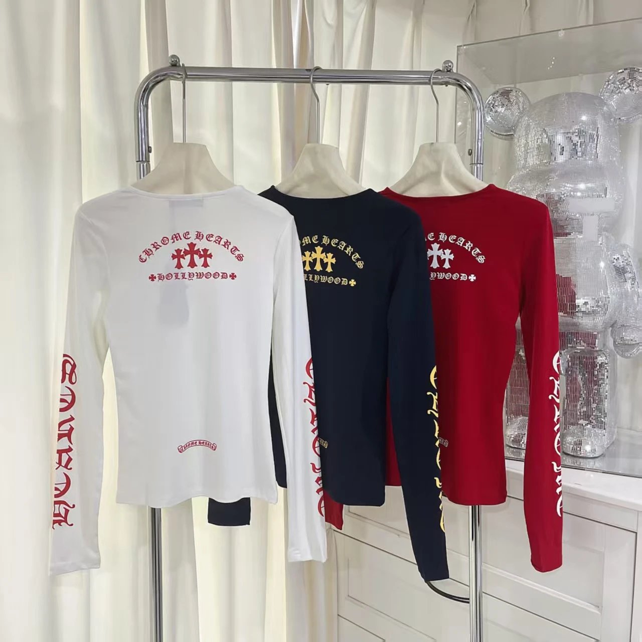 Chrome Hearts Hollywood Cross Long-Sleeve T-Shirt in Navy, Red, and White - 6