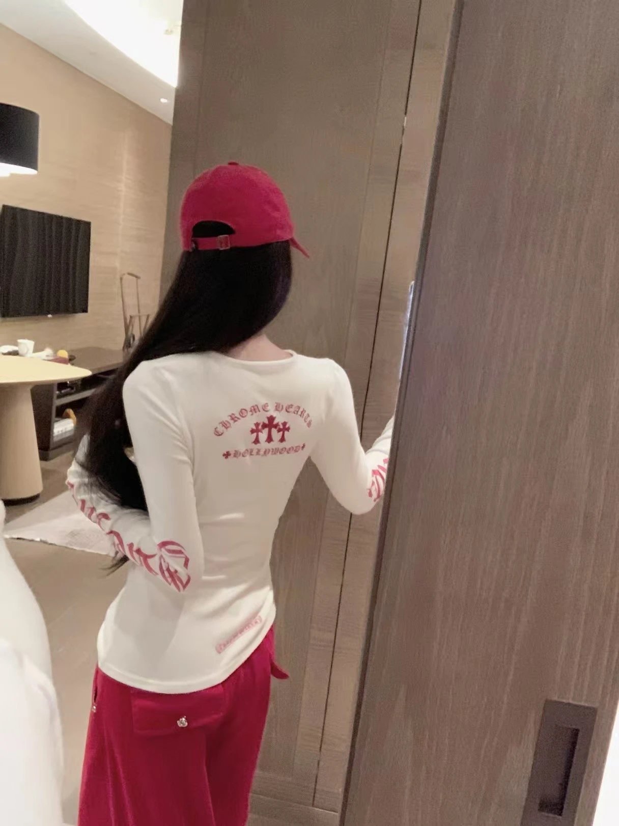 Chrome Hearts Hollywood Cross Long-Sleeve T-Shirt in Navy, Red, and White - 11