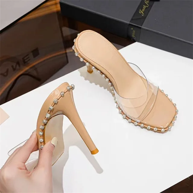 Unbranded High Heels Transparent square-toe stiletto mule sandals with rhinestone trim product detail image 2