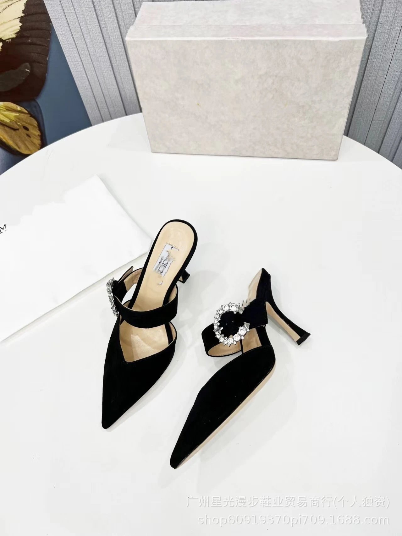 JIN Pointed-Toe Stiletto Heels with Crystal Strap Beige Shoes - 3