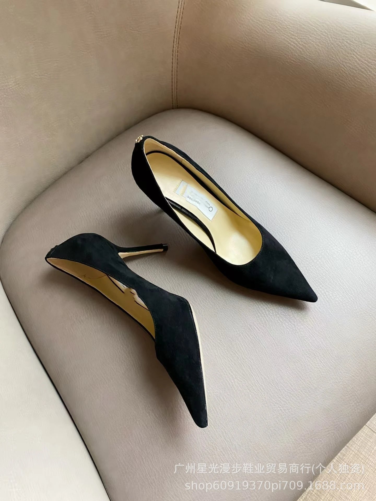 JIN Pointed-Toe Stiletto Heels with Crystal Strap Beige Shoes - 11