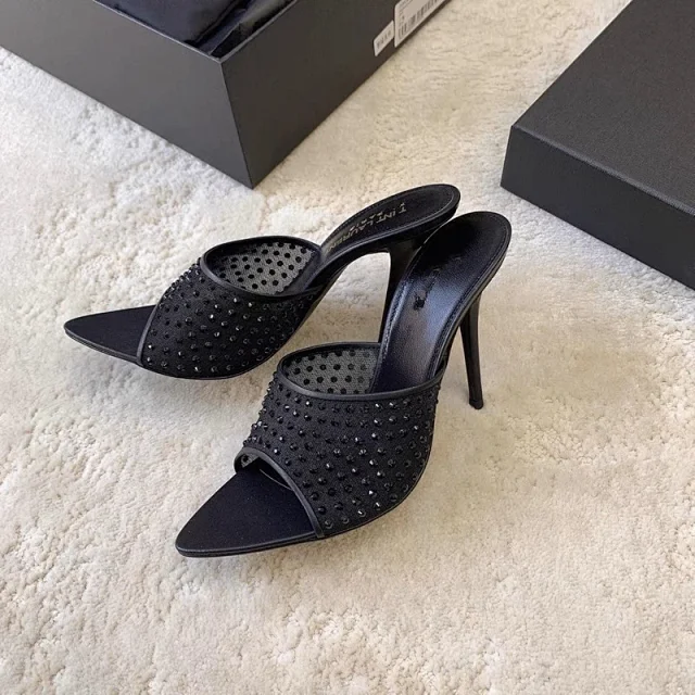 Unbranded High Heels Rhinestone Mesh Open-Toe Stiletto Mules product detail image 4
