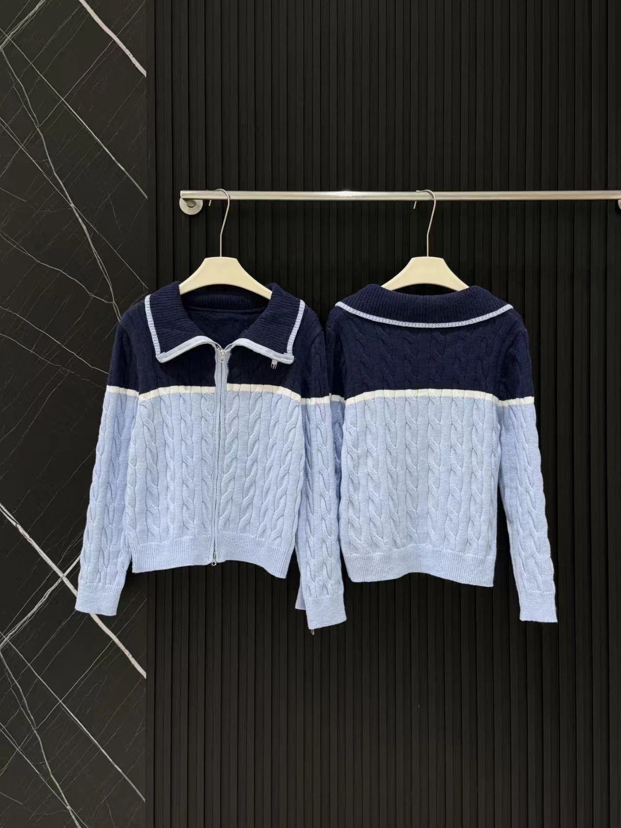 Polo Ralph Lauren Cable Knit Zip-Up Sweater Jacket in Black and Light Blue - 4