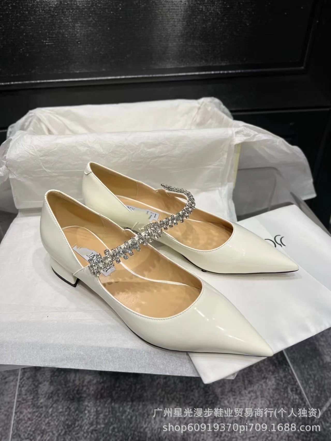 JIN Pointed-Toe Stiletto Heels with Crystal Strap Beige Shoes - 34