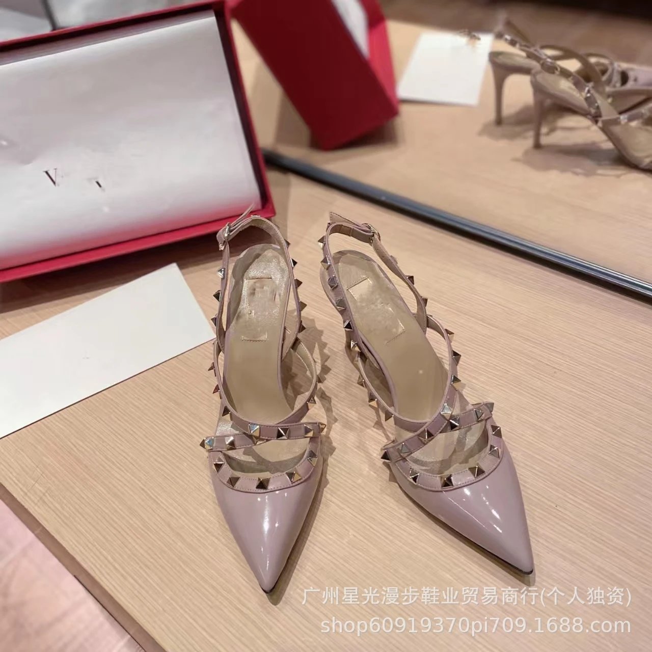 Valentino Rockstud Strappy Pointed-Toe Stilettos Light Pink - 12