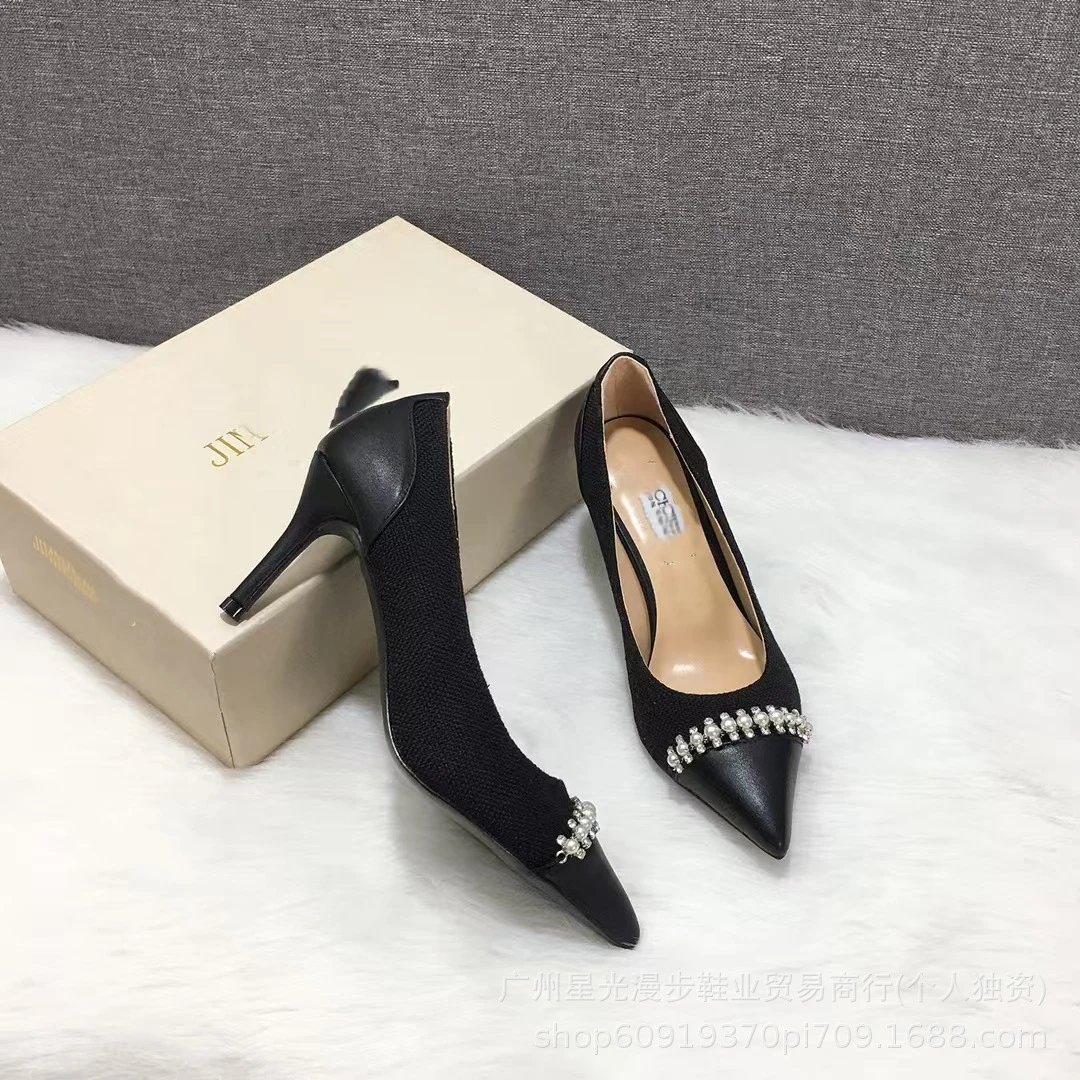 JIN Pointed-Toe Stiletto Heels with Crystal Strap Beige Shoes - 46