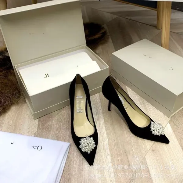 Jimmy Choo Romy Pearl-Embellished Black Velvet Stilettos - 1