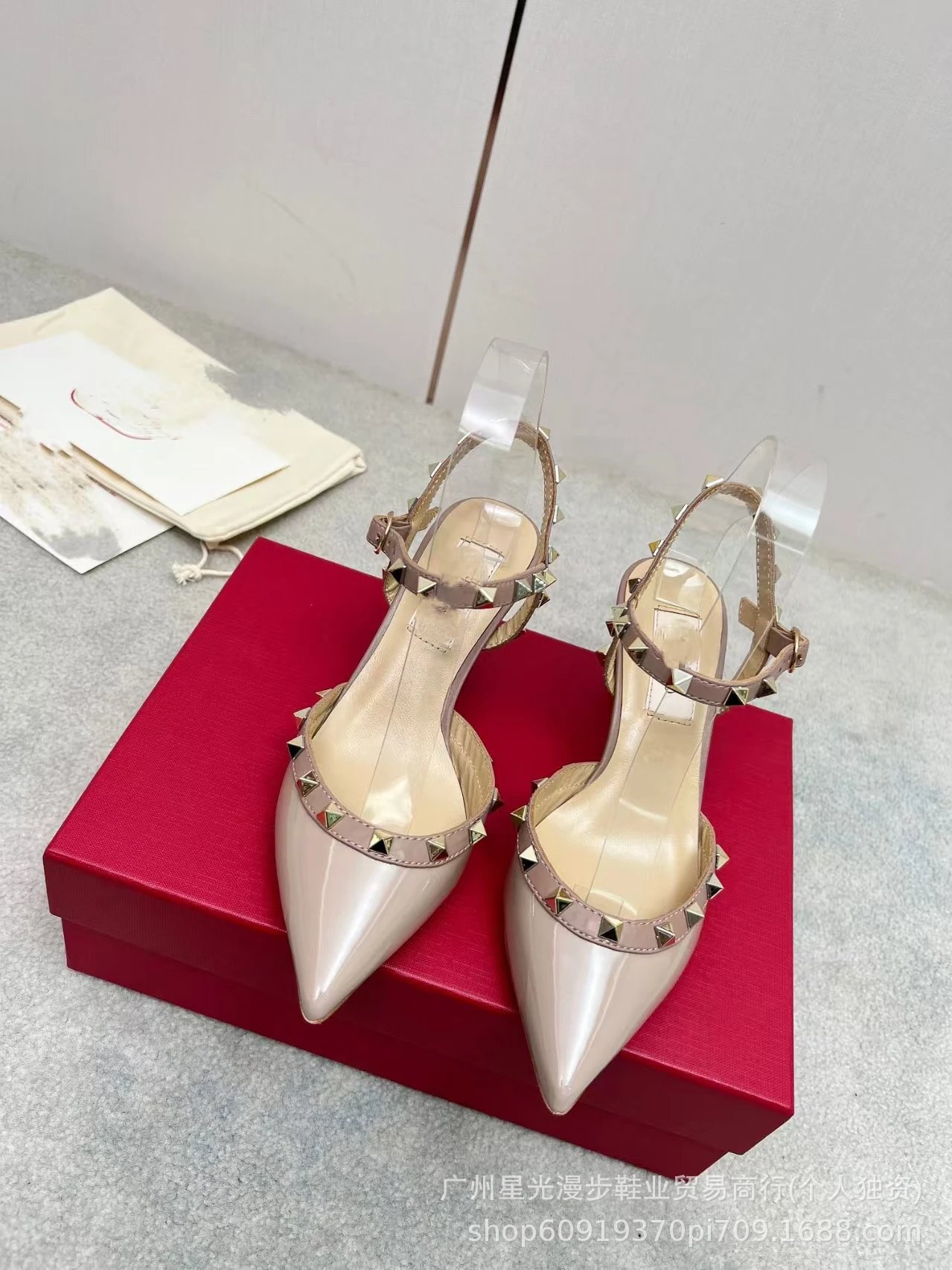 Valentino Rockstud Strappy Pointed-Toe Stilettos Light Pink - 8