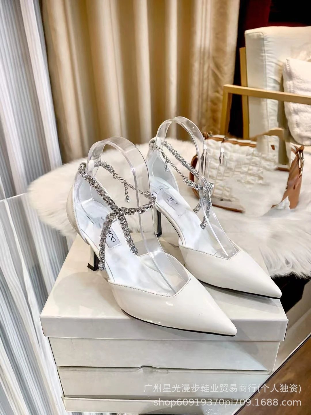 Jimmy Choo Crystal-Embellished Clear Strap White Stiletto Heels