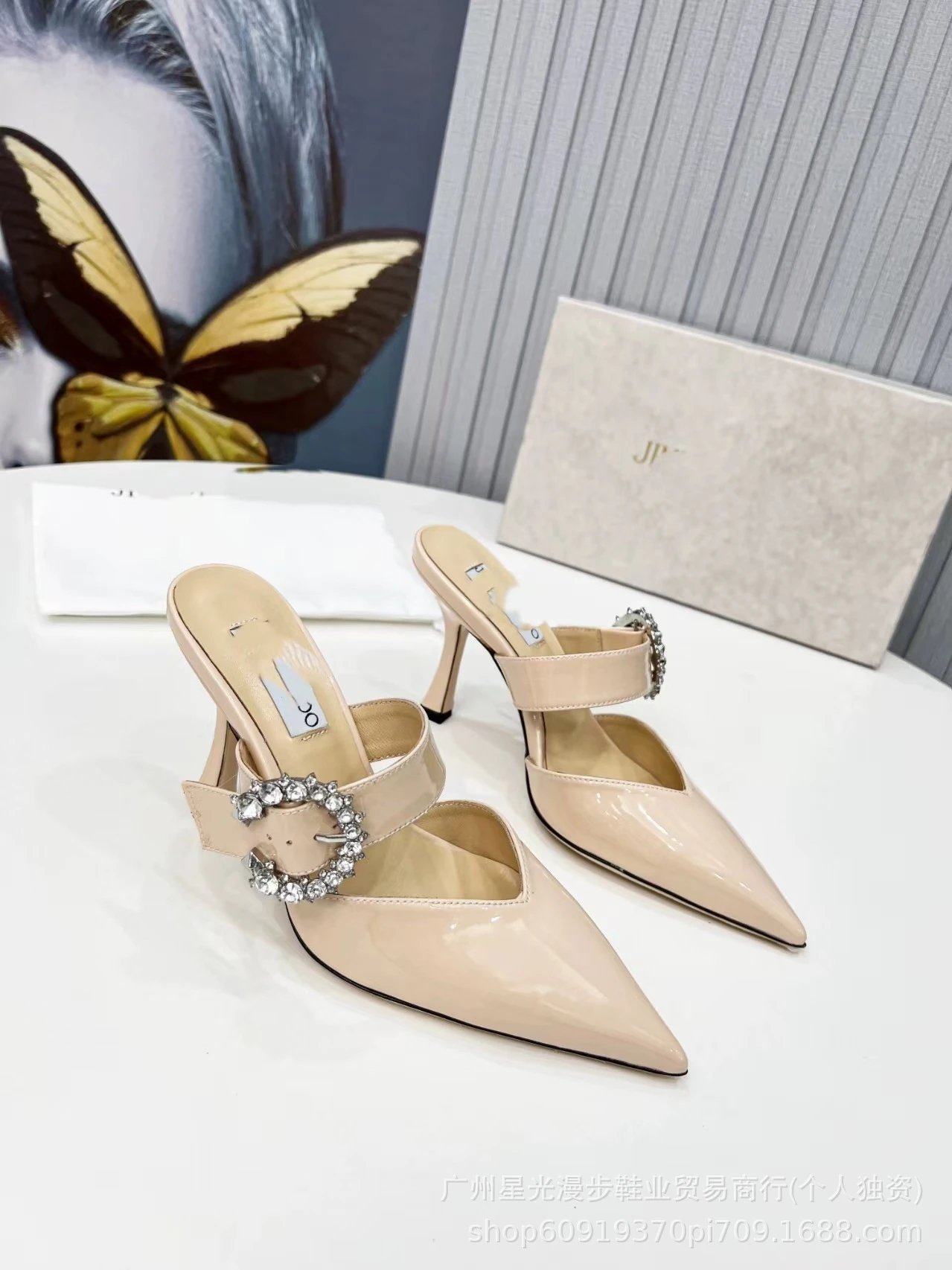 JIN Pointed-Toe Stiletto Heels with Crystal Strap Beige Shoes - 6