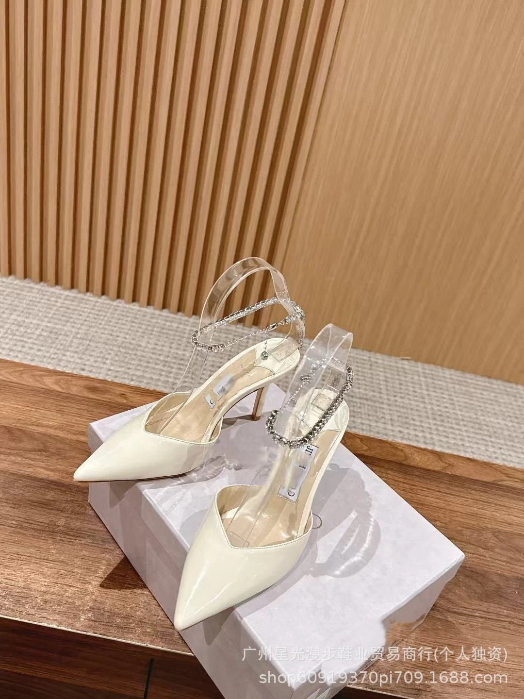 JIN Pointed-Toe Stiletto Heels with Crystal Strap Beige Shoes - 14