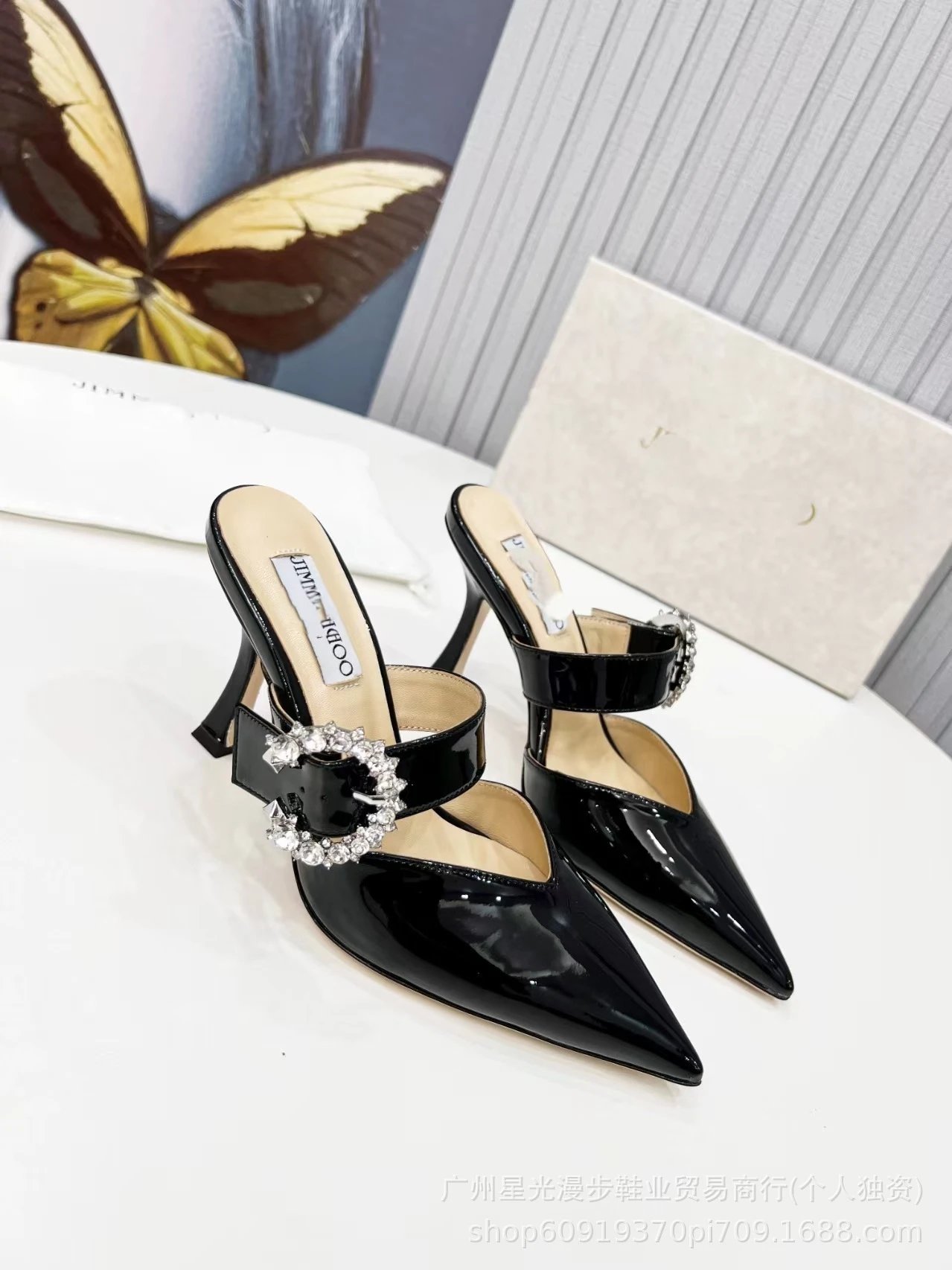 JIN Pointed-Toe Stiletto Heels with Crystal Strap Beige Shoes - 7