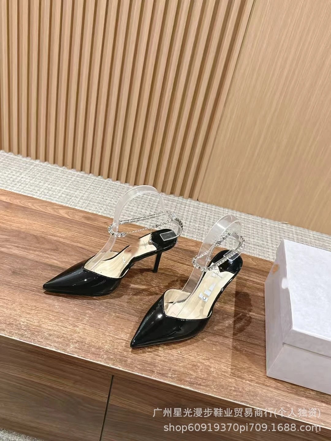 JIN Pointed-Toe Stiletto Heels with Crystal Strap Beige Shoes - 15