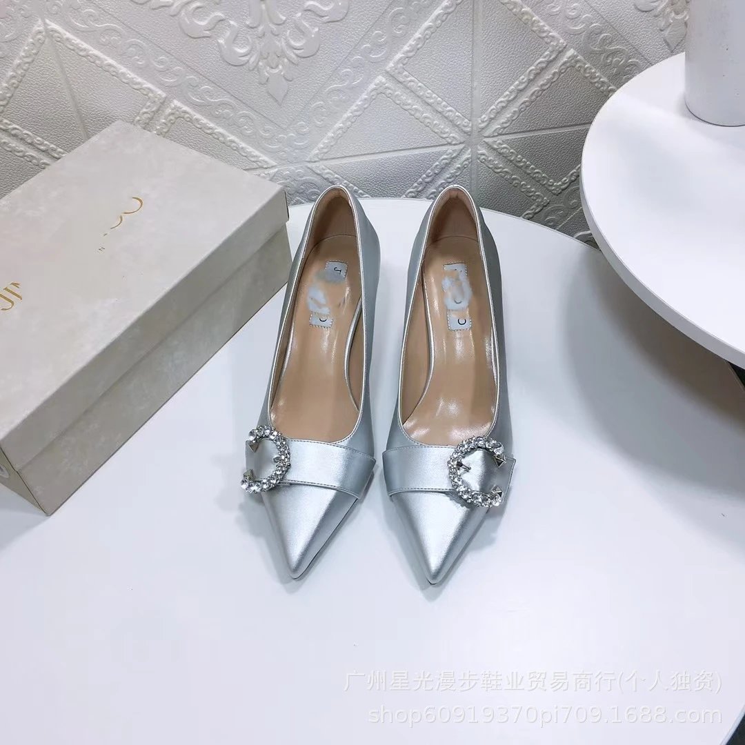 JIN Pointed-Toe Stiletto Heels with Crystal Strap Beige Shoes - 23