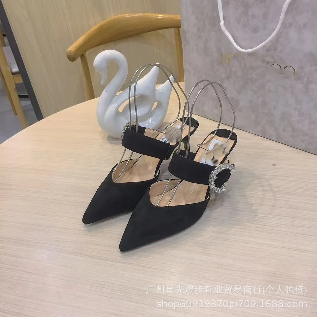 JIN Pointed-Toe Stiletto Heels with Crystal Strap Beige Shoes - 31