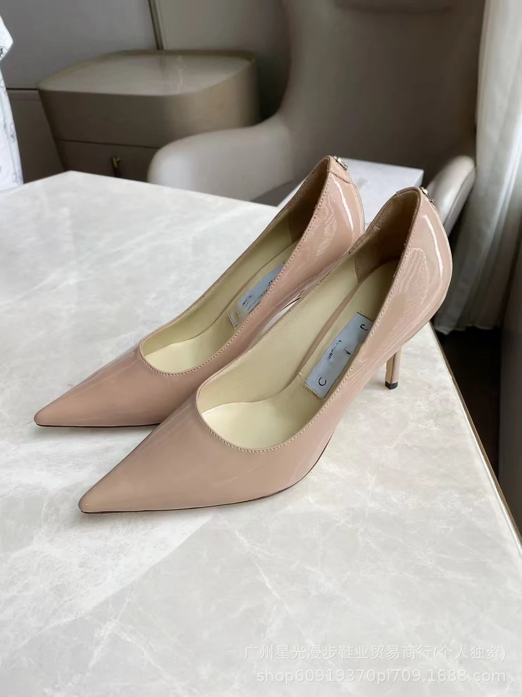 JIN Pointed-Toe Stiletto Heels with Crystal Strap Beige Shoes - 10