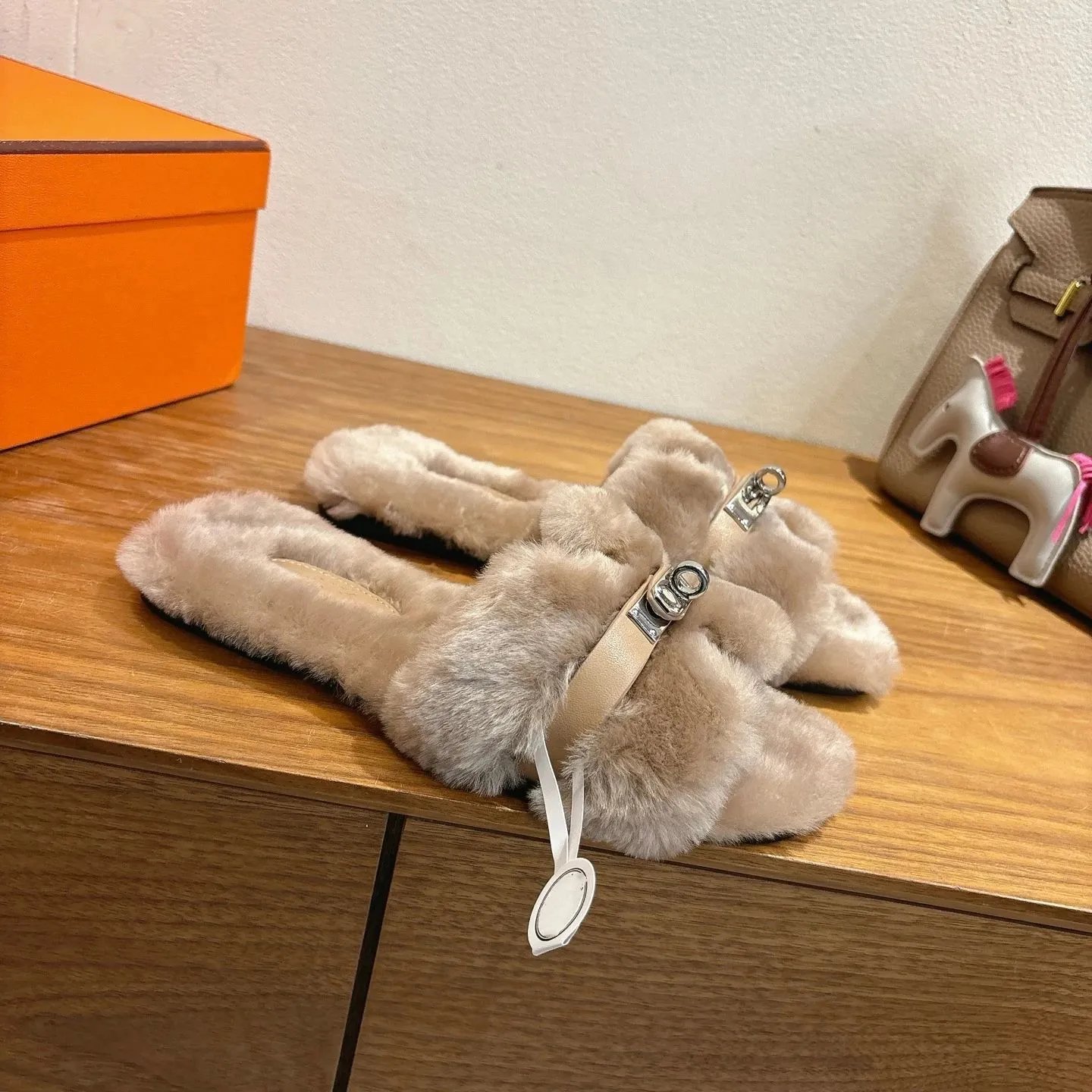 Hermès-Inspired Faux Fur Slide Sandals Beige Slippers - 5