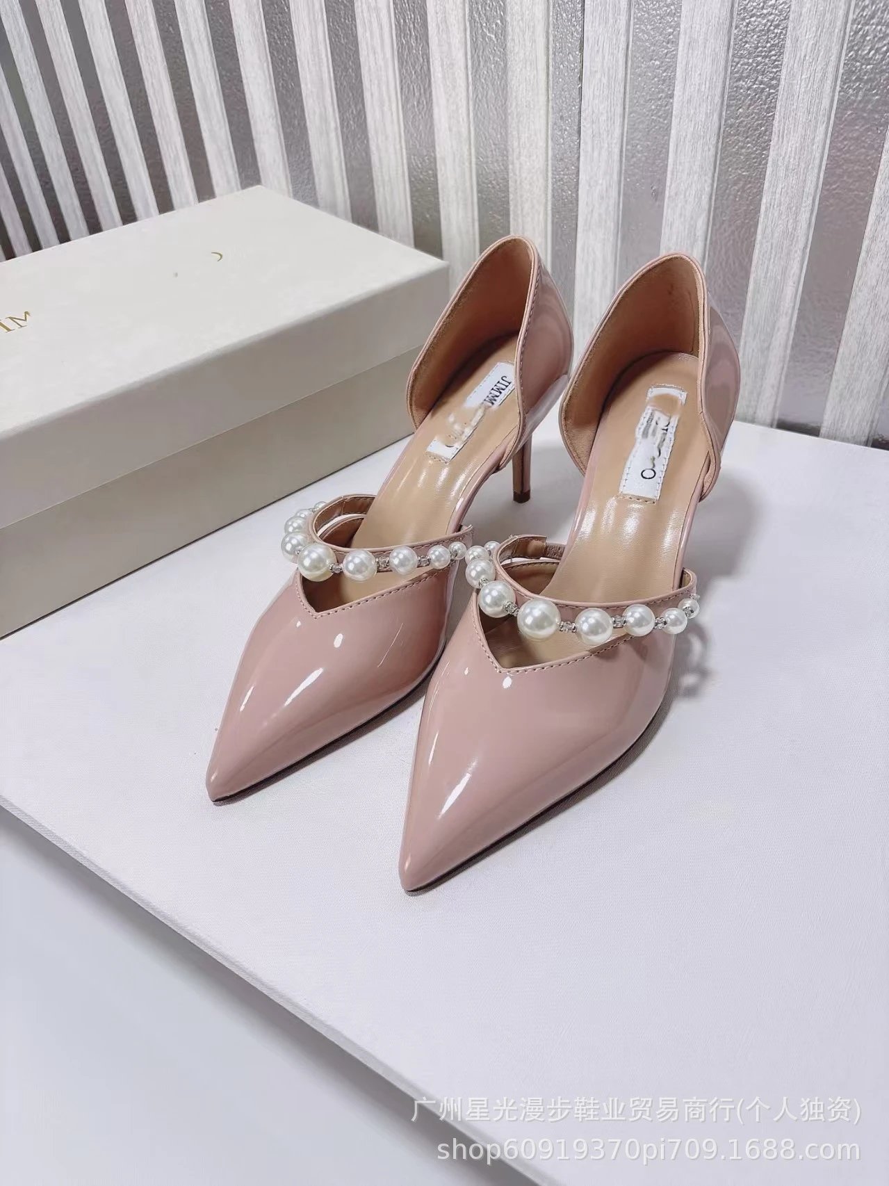JIN Pointed-Toe Stiletto Heels with Crystal Strap Beige Shoes - 26