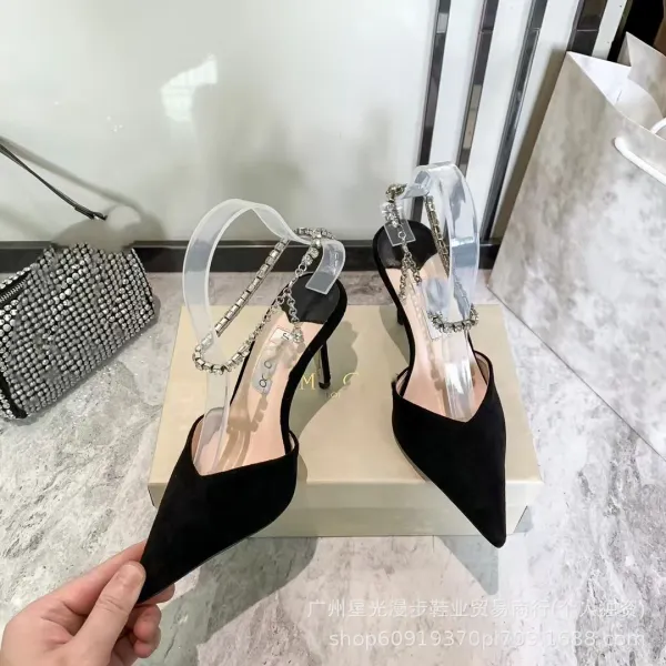 MOCO Pointed-Toe Stiletto Heels with Crystal Chain and Transparent Strap Black Heels - 1